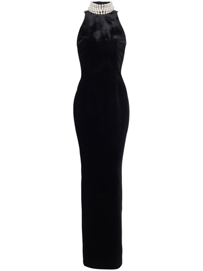 Shop Balmain Faux Pearl-embellished Velvet Gown In Schwarz