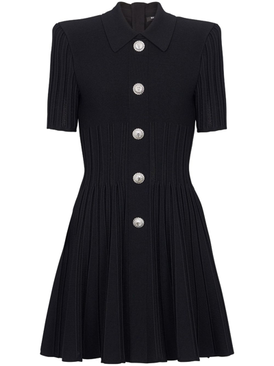 Balmain Short-sleeve Button-front Ribbed Knit Mini Shirtdress In Schwarz