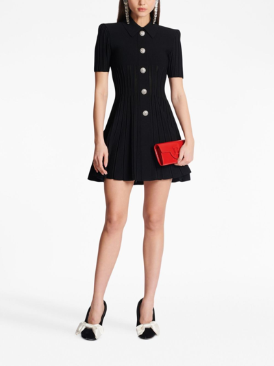 Balmain Short-sleeve Button-front Ribbed Knit Mini Shirtdress In Schwarz