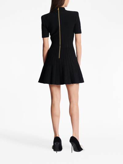 Balmain Short-sleeve Button-front Ribbed Knit Mini Shirtdress In Schwarz