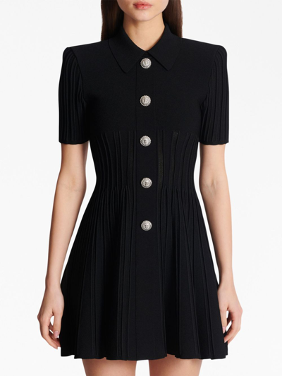 Balmain Short-sleeve Button-front Ribbed Knit Mini Shirtdress In Schwarz