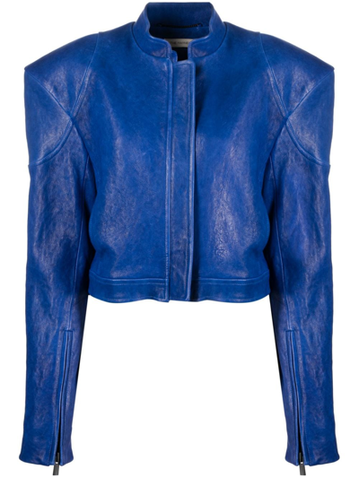 Shop The Mannei Baku Zip-up Leather Jacket In Blau