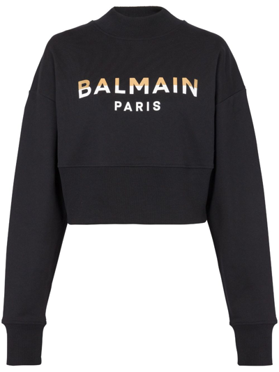 Shop Balmain Logo-print Cropped Sweatshirt In Schwarz