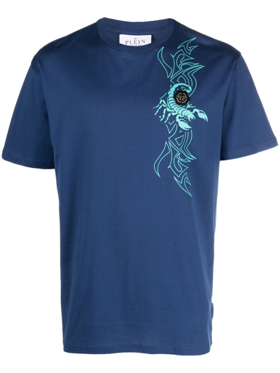 Shop Philipp Plein Ss Chrome Logo-patch T-shirt In Blue