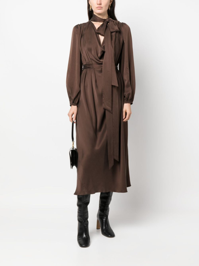 Zimmermann Billow Pussy-bow Belted Silk-satin Midi Dress In Braun