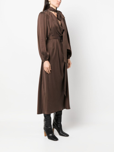 Zimmermann Billow Pussy-bow Belted Silk-satin Midi Dress In Braun