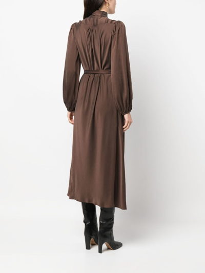 Zimmermann Billow Pussy-bow Belted Silk-satin Midi Dress In Braun