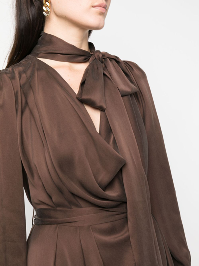 Zimmermann Billow Pussy-bow Belted Silk-satin Midi Dress In Braun