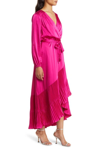 Shop Mila Mae Asymmetric Pleated Belted Long Sleeve Dress In Bold Fuchsia