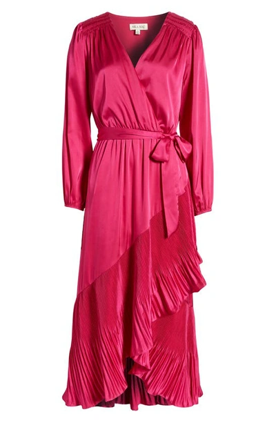 Shop Mila Mae Asymmetric Pleated Belted Long Sleeve Dress In Bold Fuchsia