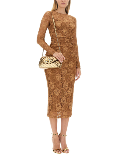Shop Dolce & Gabbana Floral Lace Midi Dress In Marrone