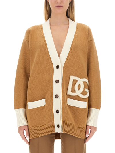 Shop Dolce & Gabbana Long Cardigan With Logo Embroidery In Beige