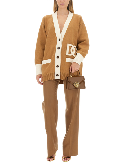Shop Dolce & Gabbana Long Cardigan With Logo Embroidery In Beige