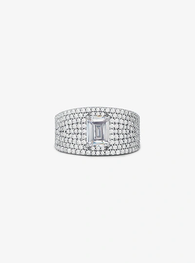 Shop Michael Kors Precious Metal-plated Sterling Silver Pavé Signet Ring In Grey