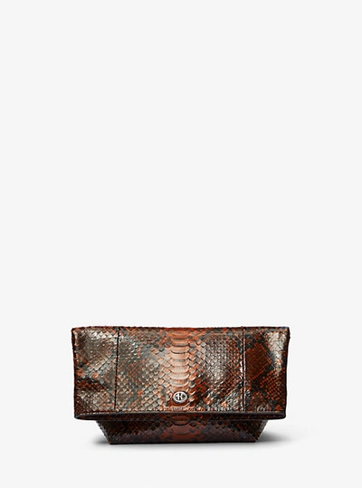 Shop Michael Kors Candice Small Python Embossed Leather Folded Clutch In Brown