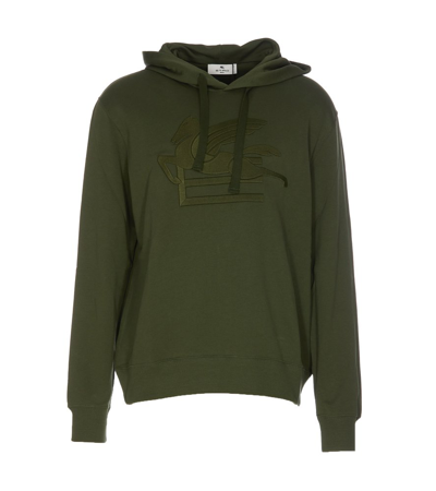 Shop Etro Logo Embroidered Drawstring Hoodie In Green