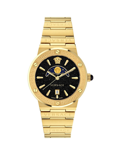 Shop Versace Men's Greca Logo Moonphase Ip Yellow Gold Stainless Steel Bracelet Watch/38mm In Gold Black