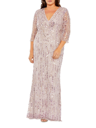 Shop Mac Duggal Women's Plus Size V-neck Mesh-sleeved Sequin Gown In Lilac