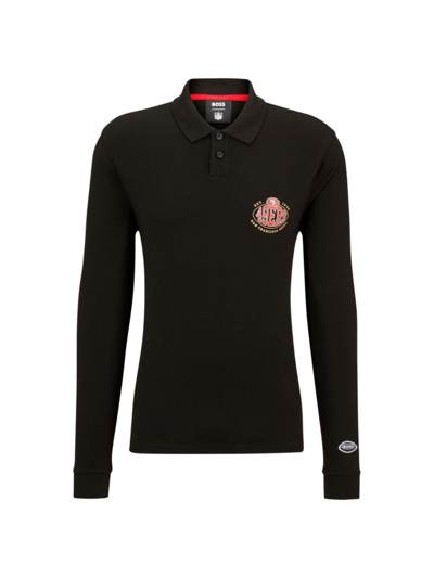 Shop Hugo Boss Men's Boss X Nfl Long-sleeved Polo Shirt With Collaborative Branding In 49ers Charcoal