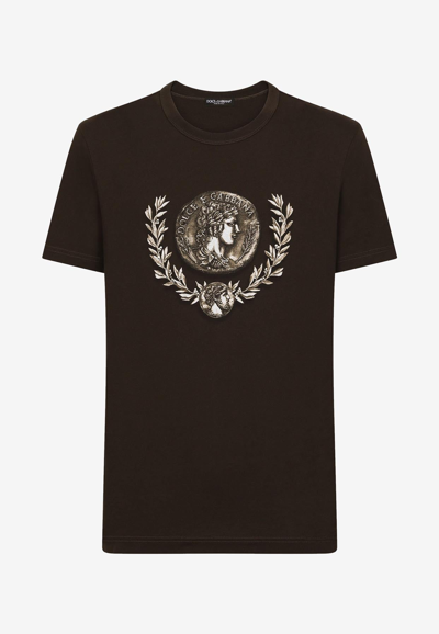 Shop Dolce & Gabbana Coin And Laurel Print Crewneck T-shirt In Brown