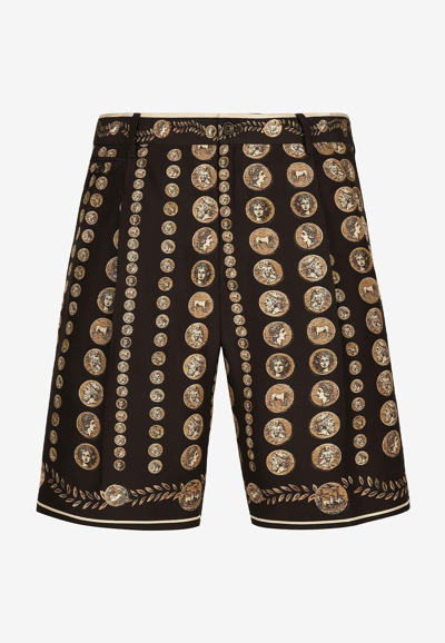 Shop Dolce & Gabbana Coin Print Bermuda Shorts In Silk In Multicolor