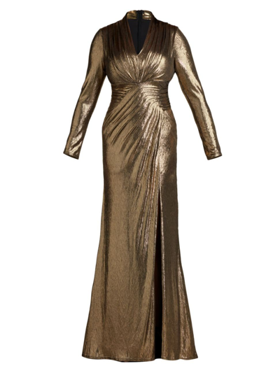 Shop Tadashi Shoji Women's Plus Metallic Jersey V-neck Gown In Bronze