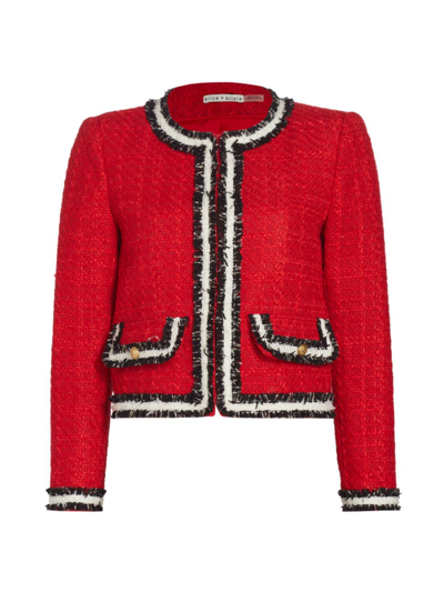 Shop Alice And Olivia Women's Landon Cropped Tweed Jacket In Perfect Ruby Black White