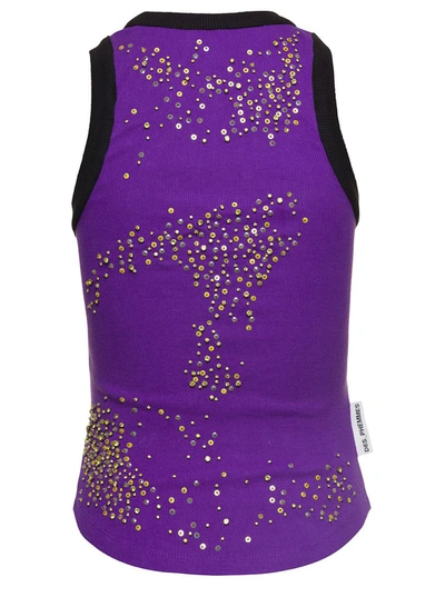 Shop Des Phemmes Purple Ribbed Tank Top With Paillettes Embroidery In Stretch Cotton Woman In Violet