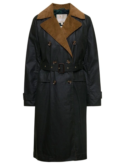 Shop Barbour 'simone' Black Belted Trench Coat With Corduroy Revers In Waxed Cotton Woman In Green