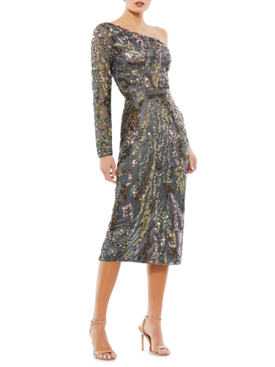 Shop Mac Duggal Women's One-shoulder Metallic Midi-dress In Charcoal