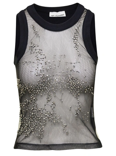 Shop Des Phemmes Black Tank Top With Embroidery And Rhinestones In Semi-sheer Tulle Woman