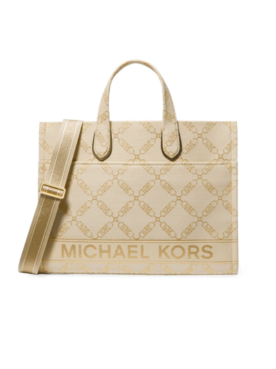 Shop Michael Michael Kors Women's Large Gigi Jacquard Logo Tote Bag In Natural Pale Gold