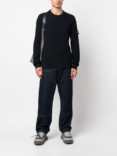 Stone Island Organic Cotton Crew Neck Sweater With English Ribs Knitwear Blue In Blue