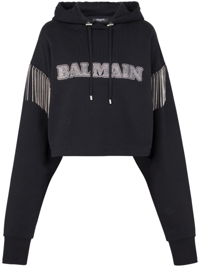 Balmain Cropped Hoodie With Rhinestone-studded Logo And Crystal Cupchains In Black
