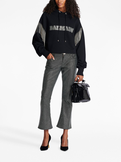 Balmain Cropped Hoodie With Rhinestone-studded Logo And Crystal Cupchains In Black