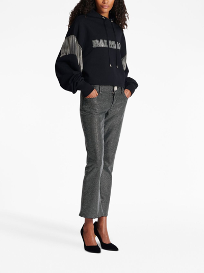 Balmain Cropped Hoodie With Rhinestone-studded Logo And Crystal Cupchains In Black