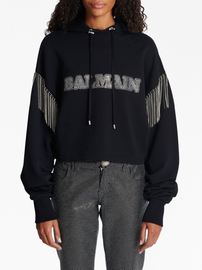 Shop Balmain Fringed Organic-cotton Hoodie In Black