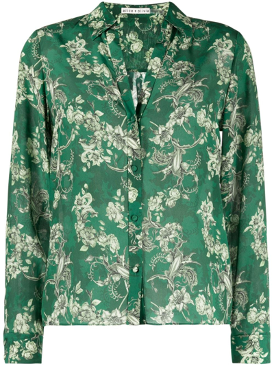 Shop Alice And Olivia Floral-print Silk Shirt In Green