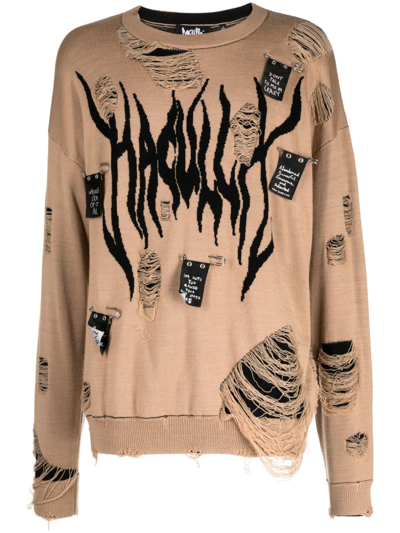 Shop Haculla Distressed Intarsia-logo Jumper In Brown