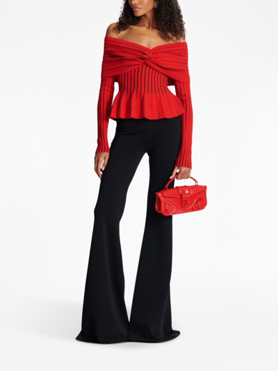 Shop Balmain Knotted Off-shoulder Top In Red