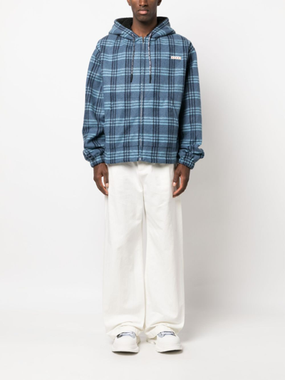 Shop Marni Logo-patch Check-print Jacket In Blue