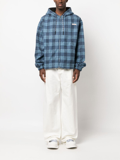 Marni Logo-patch Check-print Jacket In Blue