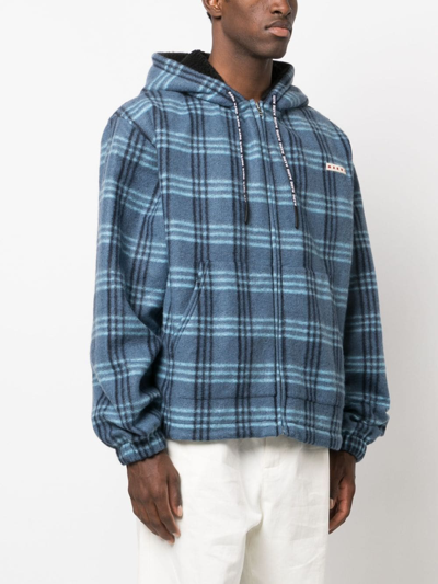 Marni Logo-patch Check-print Jacket In Blue
