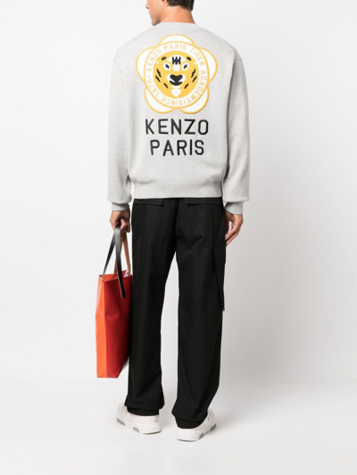 Shop Kenzo Tiger Academy V-neck Cardigan In Grey
