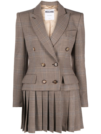 Shop Moschino Pleat-detail Double-breasted Blazer In Brown