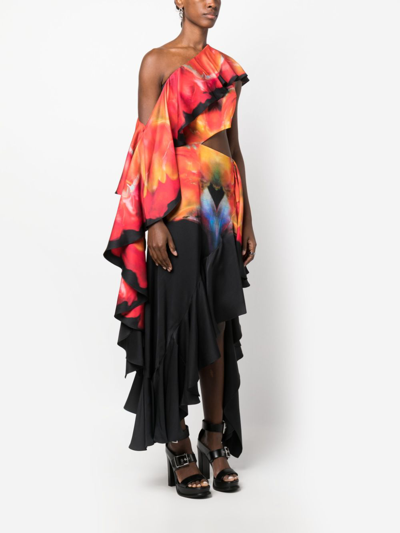 Shop Alexander Mcqueen Solarised Orchid-print Ruffled Dress In Black