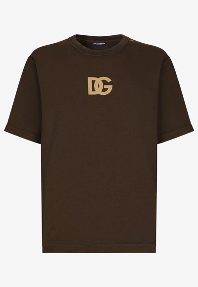 Dolce & Gabbana Cotton T-shirt With Logo Print In Brown