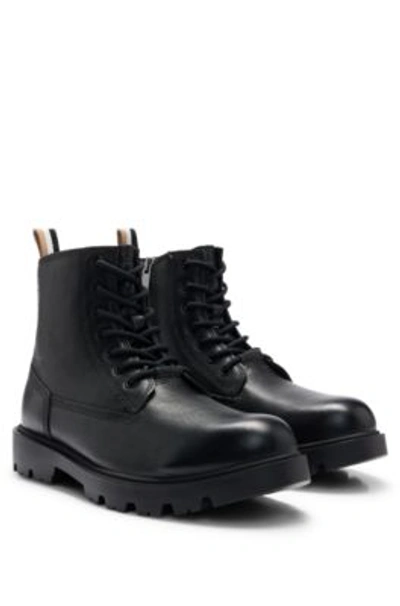 Shop Hugo Boss Half Boots In Grained Leather With Signature-stripe Tape In Black