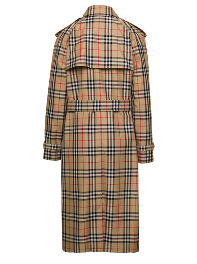 Shop Burberry Harehope Beige Double-breasted Trench Coat With Matching Belt And Check Print In Cotton Woman