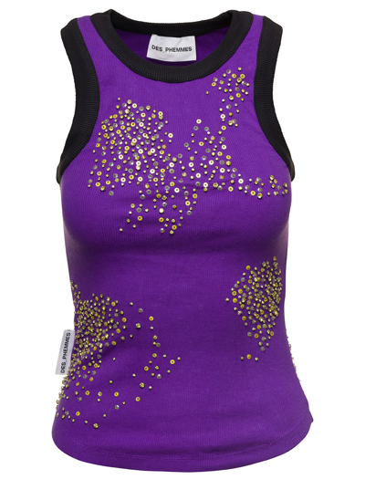 Shop Des Phemmes Purple Ribbed Tank Top With Paillettes Embroidery In Stretch Cotton Woman In Violet